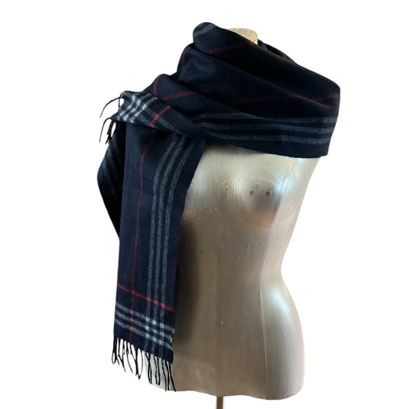 Burberry Cashmere wool blend winter Scarf Blue red and white with fringe - Picture 4 of 17